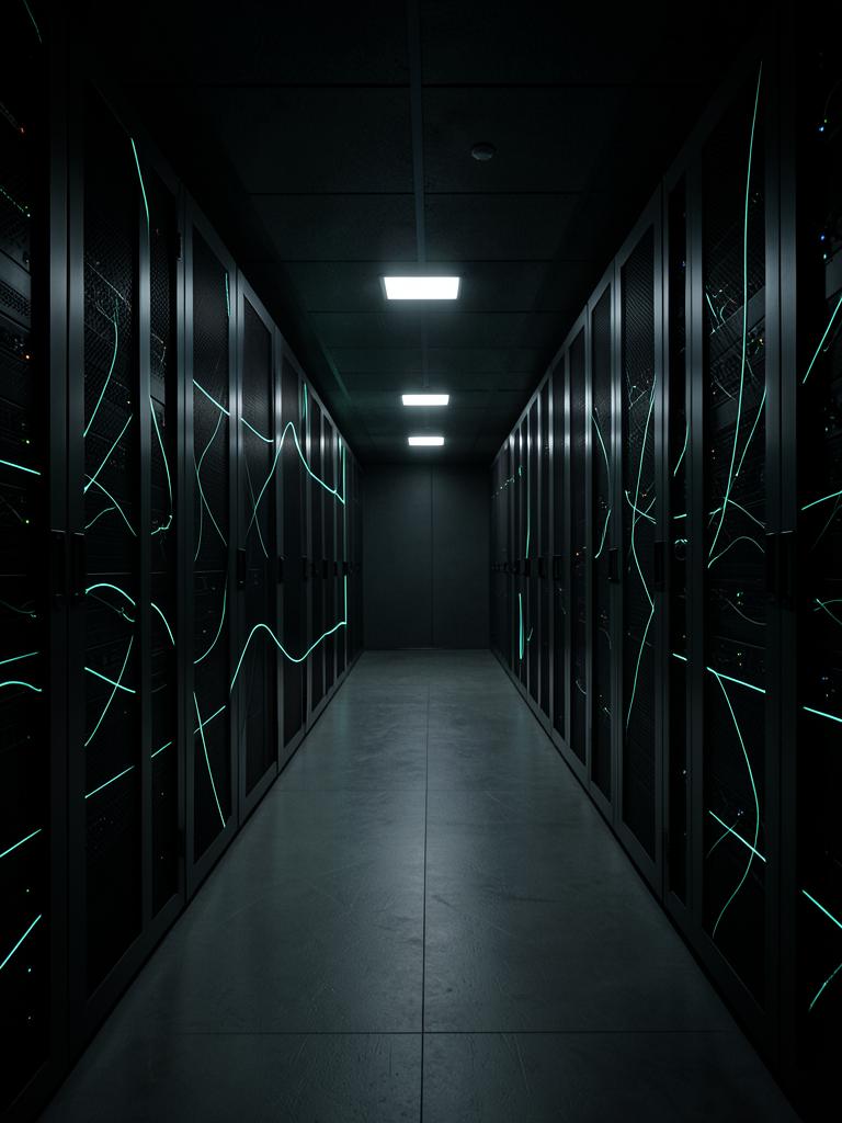 Corredor de datacenter em tons de grafite com filetes de luz mint
